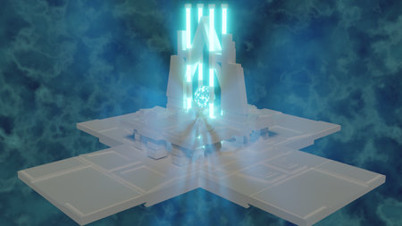 blue glowing orb of energy in background among temples background 3d renderingの写真素材