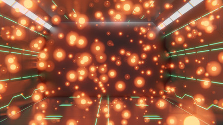 3d rendering of sci fi futuristic space corridor with neon green abstract shapes and designs on wall and floors and glowing orange embersの写真素材