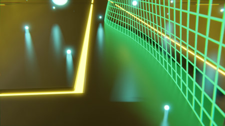 Sci-fi 3d rendering of single green glowing particle on floor with futuristic glowing designs and green glowing particles in backgroundの写真素材