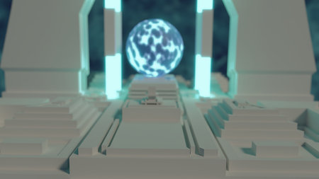 blue glowing orb of energy in background among temples background 3d renderingの写真素材
