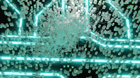 futuristic abstract objects and metallic abstract shapes with glowing embers and sci-fi digital neon shapes on floor 3d renderの写真素材