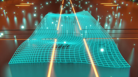 Sci-fi 3d rendering of single green glowing particle on floor with futuristic glowing designs and green glowing particles in backgroundの写真素材