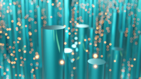 3d rendering of abstract dark shiny metallic cylinders with floating orange embers in background and bokehの写真素材