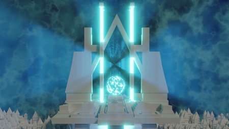 blue glowing orb of energy in background among temples background 3d renderingの写真素材