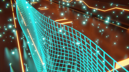 Sci-fi 3d rendering of single green glowing particle on floor with futuristic glowing designs and green glowing particles in backgroundの写真素材