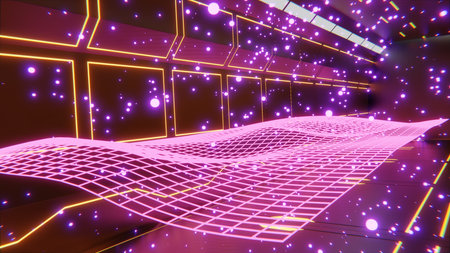 Sci-fi 3d rendering of single green glowing particle on floor with futuristic glowing designs and green glowing particles in backgroundの写真素材