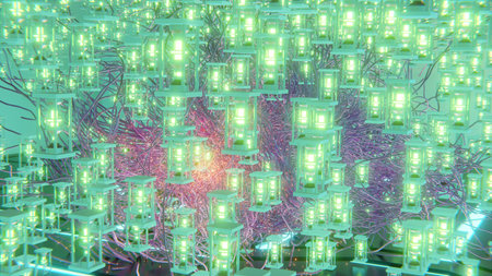 futuristic abstract objects and metallic abstract shapes with glowing embers and sci-fi digital neon...