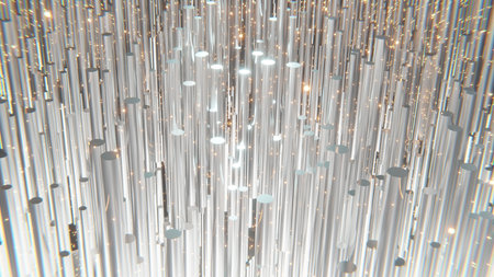 3d rendering of abstract dark shiny metallic cylinders with floating orange embers in background and bokehの写真素材