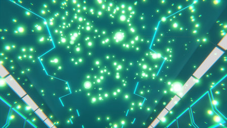 3d rendering of sci fi futuristic space corridor with neon green abstract shapes and designs on wall and floors and glowing orange embersの写真素材