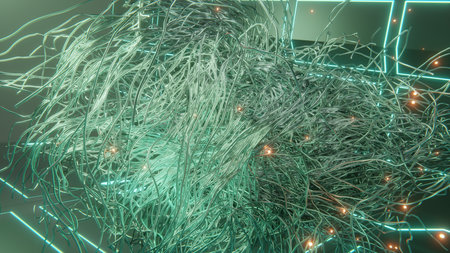 futuristic abstract objects and metallic abstract shapes with glowing embers and sci-fi digital neon shapes on floor 3d renderの写真素材
