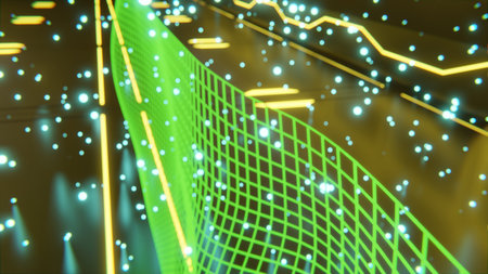 Sci-fi 3d rendering of single green glowing particle on floor with futuristic glowing designs and green glowing particles in backgroundの写真素材