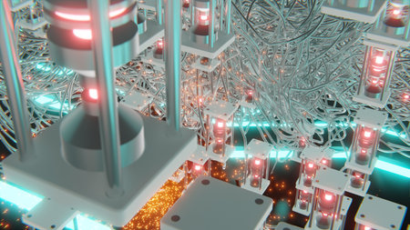 futuristic abstract objects and metallic abstract shapes with glowing embers and sci-fi digital neon shapes on floor 3d renderの写真素材