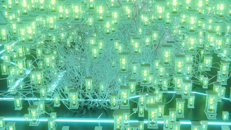 futuristic abstract objects and metallic abstract shapes with glowing embers and sci-fi digital neon shapes on floor 3d renderの写真素材