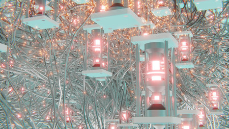 futuristic abstract objects and metallic abstract shapes with glowing embers and sci-fi digital neon shapes on floor 3d renderの写真素材