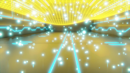Sci-fi 3d rendering of single green glowing particle on floor with futuristic glowing designs and green glowing particles in backgroundの写真素材