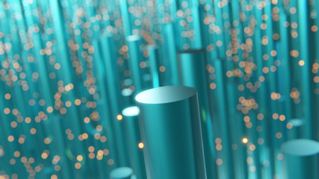 3d rendering of abstract dark shiny metallic cylinders with floating orange embers in background and bokehの写真素材