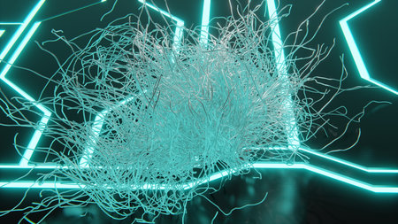 abstract tangle of futuristic metallic wires with abstract neon blue glowing shapes on floor 3d renderingの写真素材