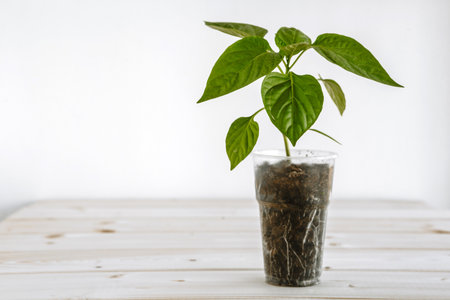 A plastic Cup with earth in which there is a young green pepper for seedlings. The glass with the plant is located on a wooden surfaceの写真素材