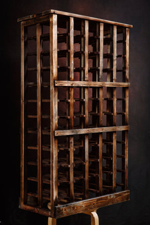 Stand for wine bottles. Wooden wine Cabinet in the wine cellarの写真素材