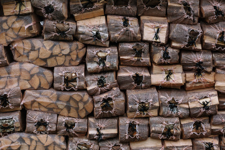 Briquettes with firewood. Firewood in transparent mesh bagsの写真素材