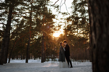 Two lovers standing in a winter forest against the background of the sunset.の写真素材