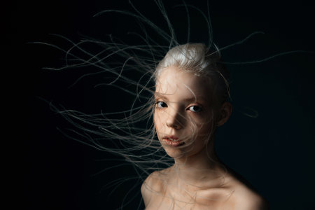 A girl with lively curly hair and flowers in her head. Art object. Flower girl fairyの写真素材