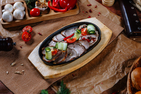 frying pan with meat and fresh vegetablesの写真素材