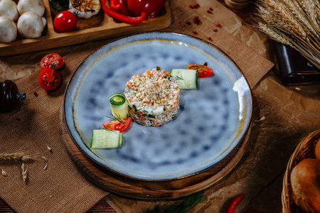 Olivier with fresh vegetables. top view.の写真素材