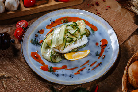 Boiled fish covered with fresh cucumber on a plate. top view.