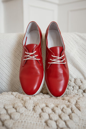 Red shoes with white laces, which are on a white knitted scarfの写真素材