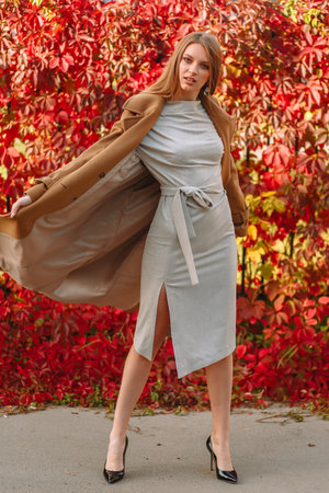 The girl is a model showing fashionable clothes on the street. Summer, the girl's back is a living fence.の写真素材