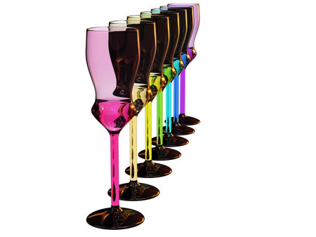 isolated rainbow colored row of glasses on whiteの写真素材