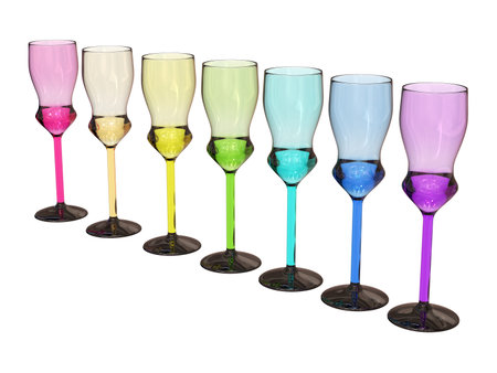 isolated rainbow colored row of glasses on whiteの写真素材