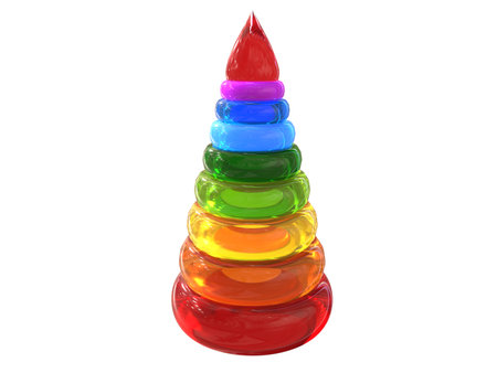 isolated colorful pyramide toy for children in rainbow colorsの写真素材