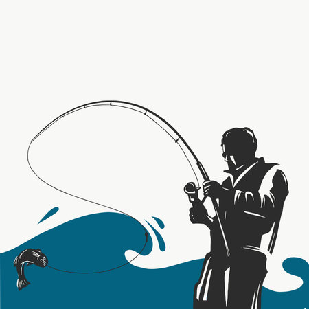 Fishing label with a pike and a fisherman in a boat.All elements editable.のイラスト素材