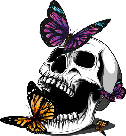 Hand drawing a bone skeleton, anatomical drawing of pelvic bone man, print for Halloween,butterflies fly, skullの写真素材
