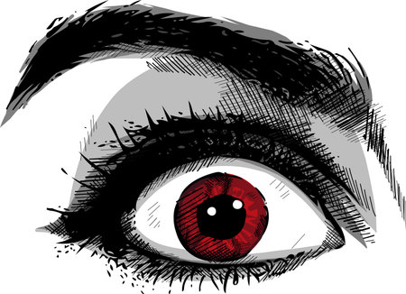 Close-up scared face of beautiful young woman with beautiful blue eyes and big pretty eyelashes and eyebrows. Macro of human eyes - surprise or shock, looking at camera.のイラスト素材