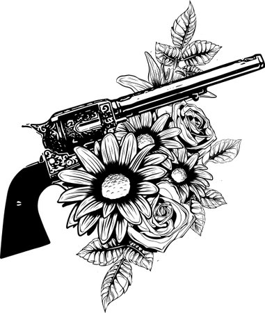 vector illustration of guns on the flower and ornaments floral with tattoo drawing styleのイラスト素材