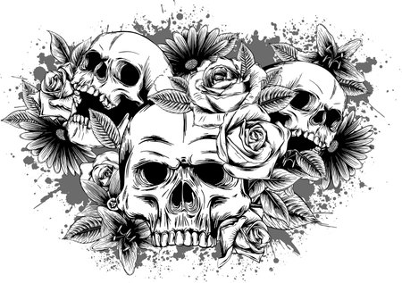 Skull with flowers, with roses. Drawing by hand. Vectorのイラスト素材