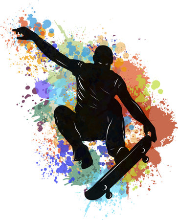 Skateboarder doing a jumping trick, low poly vector illustration. with stain.のイラスト素材