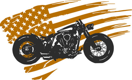 Hand drawn and inked vintage American chopper motorcycle with american flagのイラスト素材