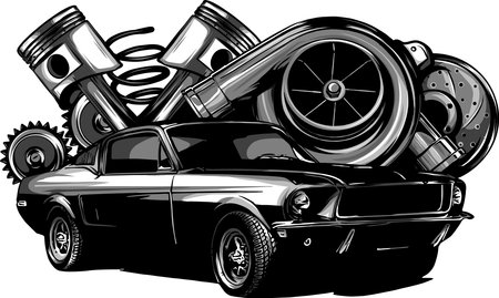 Vintage car components collection witn automobile motor engine piston steering wheel tire headlights speedometer gearbox shock absorber isolated illustrationのイラスト素材