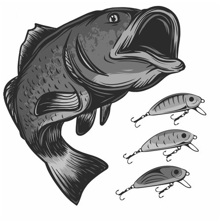 fish fishing logo and lures isolated on white vector illustrationのイラスト素材