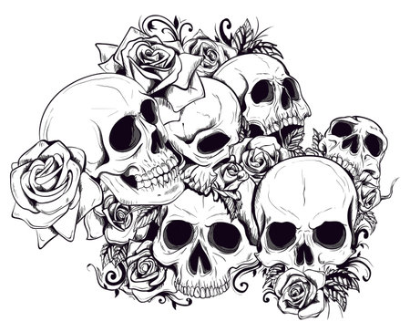 Seamless Vector Skulls In Flowers Patternのイラスト素材