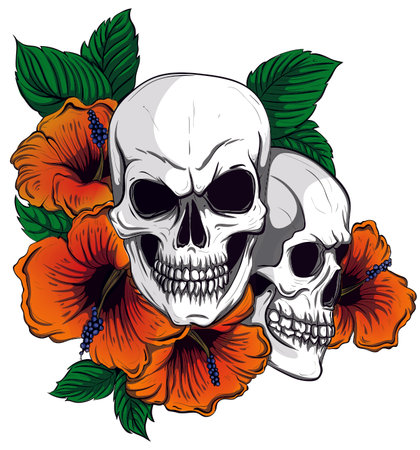 Embroidery skull and red roses. Dia de muertos, day of the death art. Gothic romanntic embroidery human skulls red roses and pink peonies, clothes template and t-shirt design vector artのイラスト素材