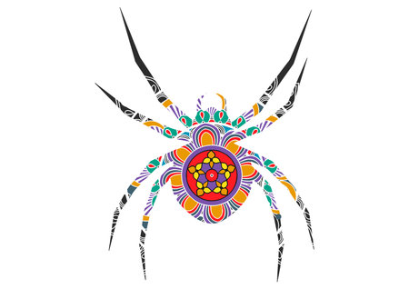 Hand drawn outline doodle spider illustration decorated with   ornaments. Drawing for Halloweenのイラスト素材