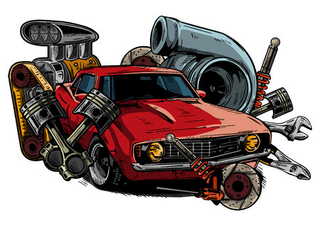 Vintage car components collection witn automobile motor engine piston steering wheel tire headlights speedometer gearbox shock absorber isolated illustrationのイラスト素材