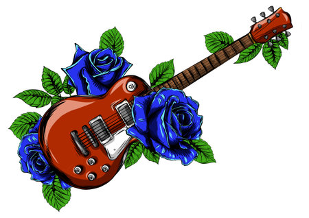 illustration electric guitar on fire with blue flamesのイラスト素材