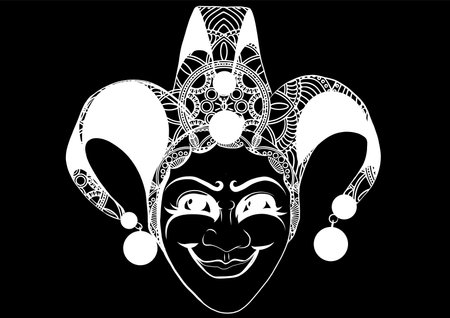 Decorated jester mask with bells and golden glitter, sketch style vector illustrationのイラスト素材