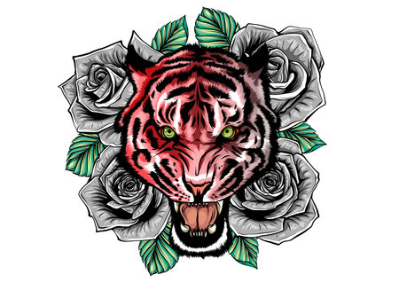 vector illustration of roaring tiger head and roses tattooのイラスト素材